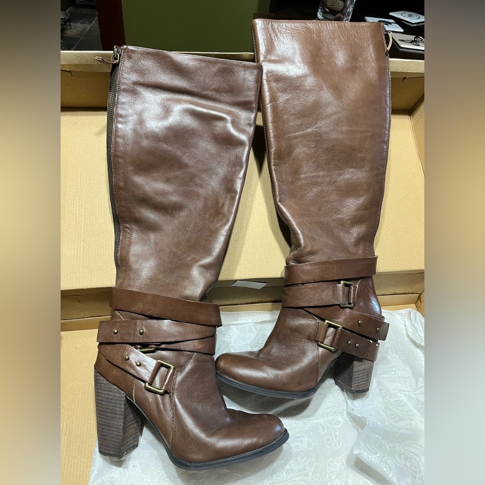 Nine West Brown Knee High Leather Heeled Boots with Strappy Buckle Details